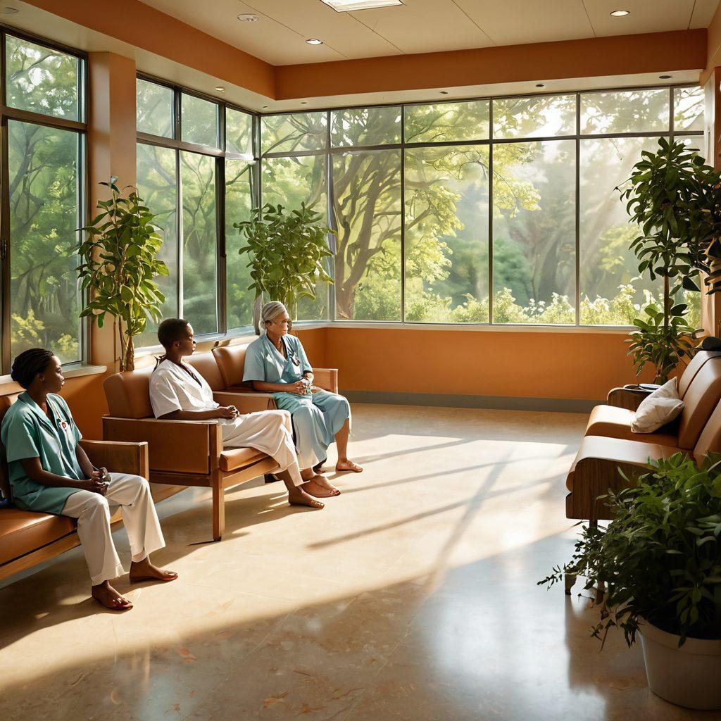 A serene oncology clinic with a hopeful atmosphere, featuring a diverse group of patients engaging in support activities, surrounded by greenery and healing symbols. Depict a doctor explaining treatment options with compassion, while soft sunlight filters through large windows. Emphasize a journey of resilience with visual metaphors like a winding path leading to wellness. warm colors. super-realistic.