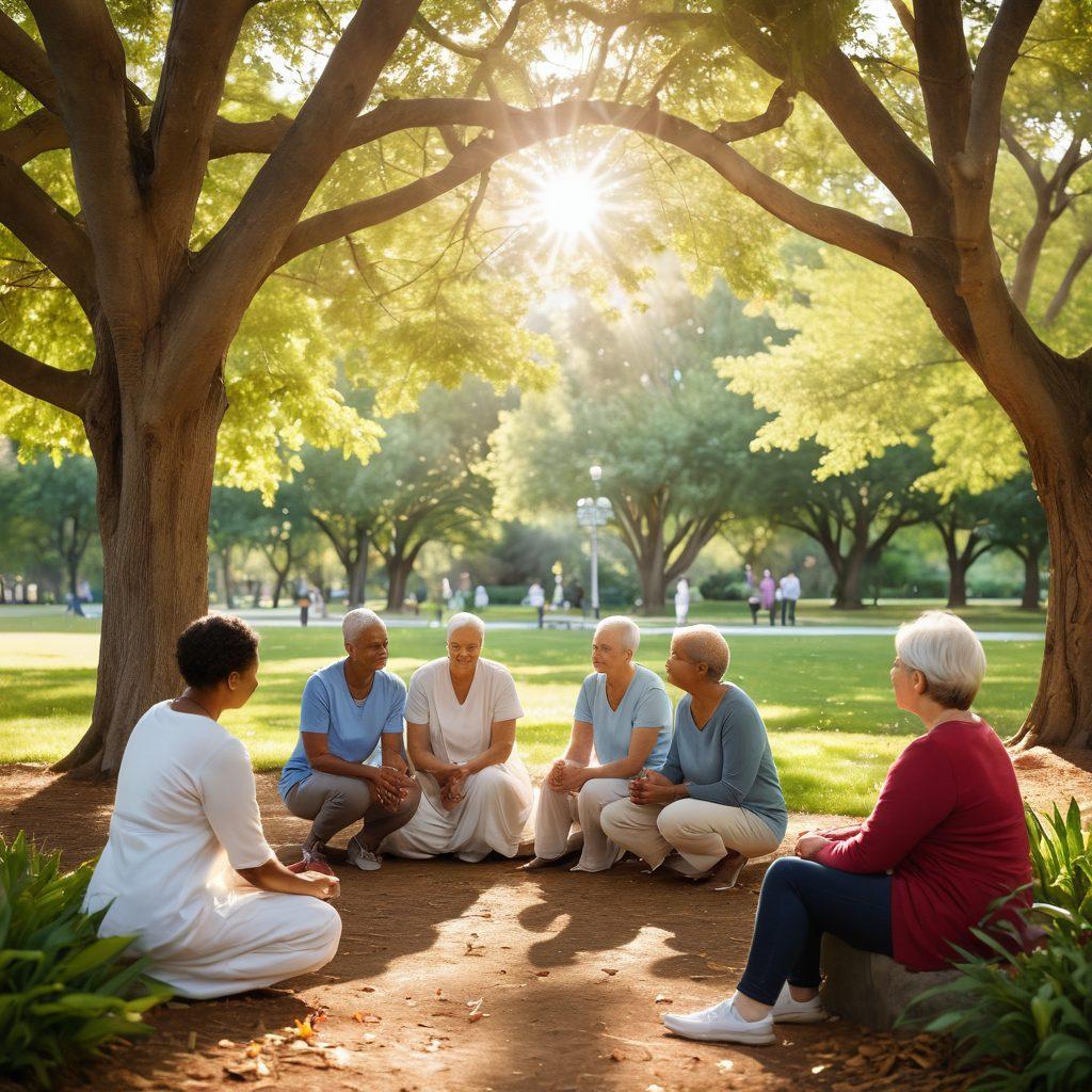 A comforting scene depicting a diverse group of cancer patients and survivors, sharing stories in a serene park setting. Soft sunlight filters through trees, symbolizing hope and resilience, with a gentle breeze moving the leaves. Include elements like supportive hands, uplifting quotes on the ground, and a variety of healthy plants representing growth and recovery. The overall mood should evoke warmth and encouragement. soft focus. vibrant colors. natural light.