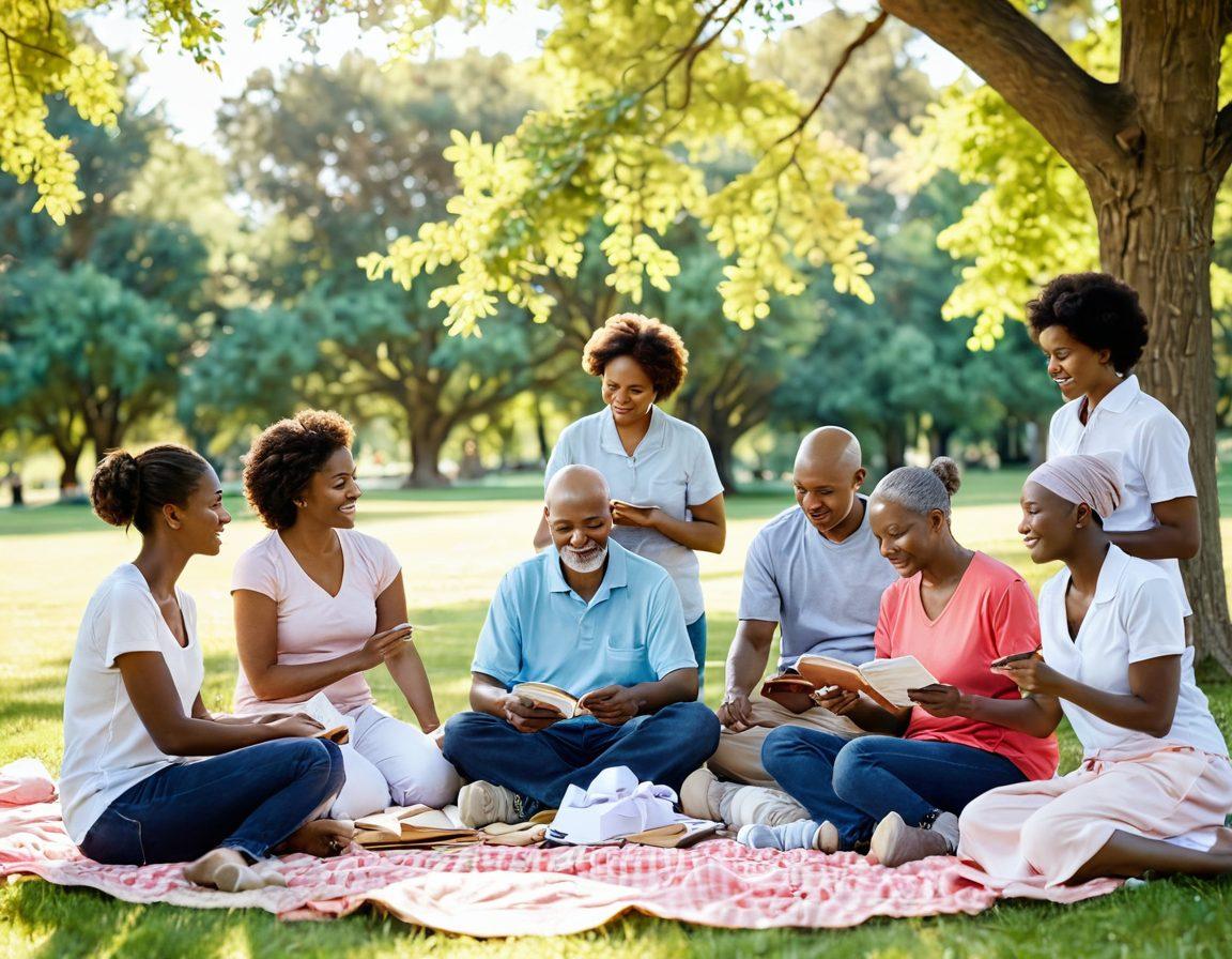 A diverse group of cancer patients and survivors of different ages, genders, and ethnicities coming together in a serene park setting, sharing stories and embracing one another. Soft sunlight filters through the trees, creating a warm and inviting atmosphere. Include symbolic elements such as ribbons and wellness resources like pamphlets and support books scattered on a picnic blanket. This scene radiates hope, support, and community strength. vibrant colors. super-realistic.
